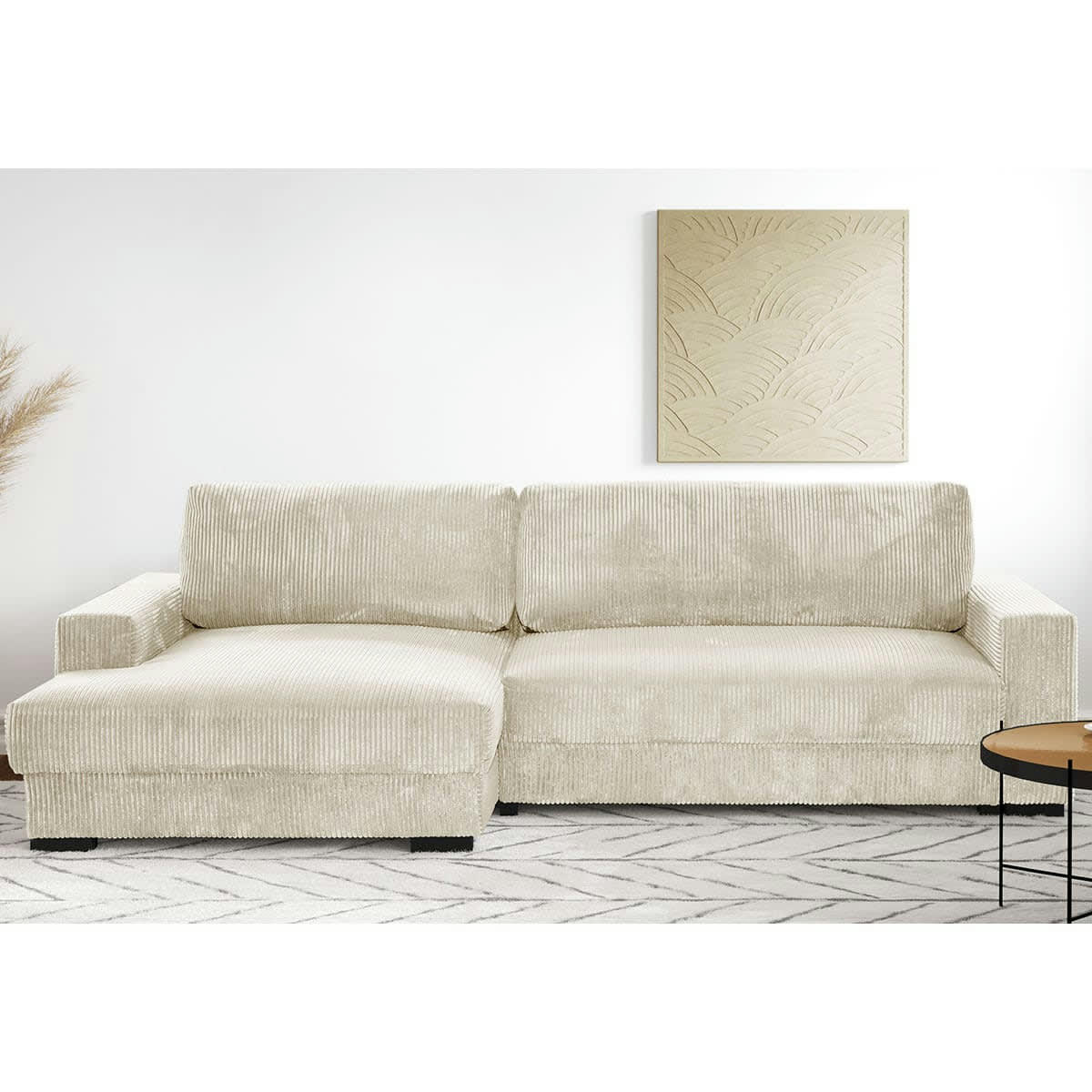 ARTY - Canapé d'angle à gauche convertible 3 places en velours côtelé beige