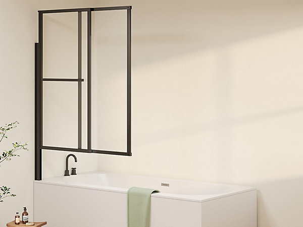 Pare baignoire pivotant et relevable avec porte serviette - Noir mat - 120 x 140 cm - VESLIRA