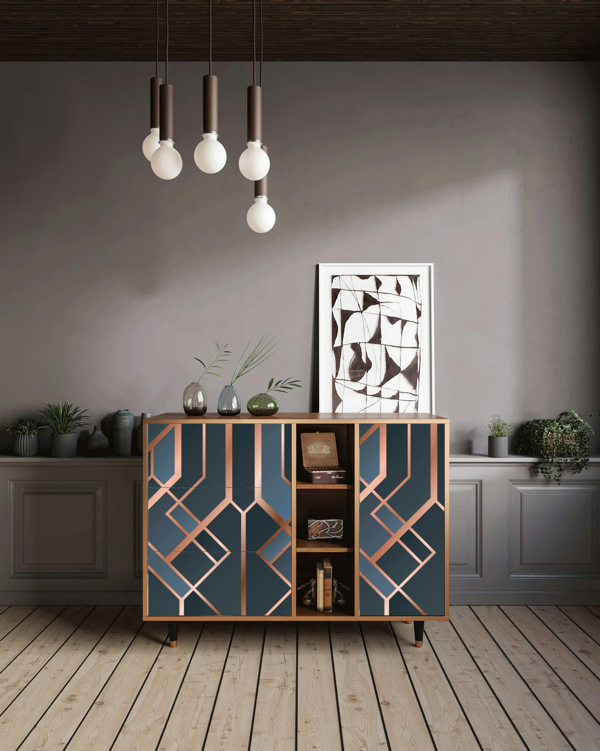 ASHY 1920' - Buffet  bleu-vert 3 tiroirs et 1 porte L 125 cm