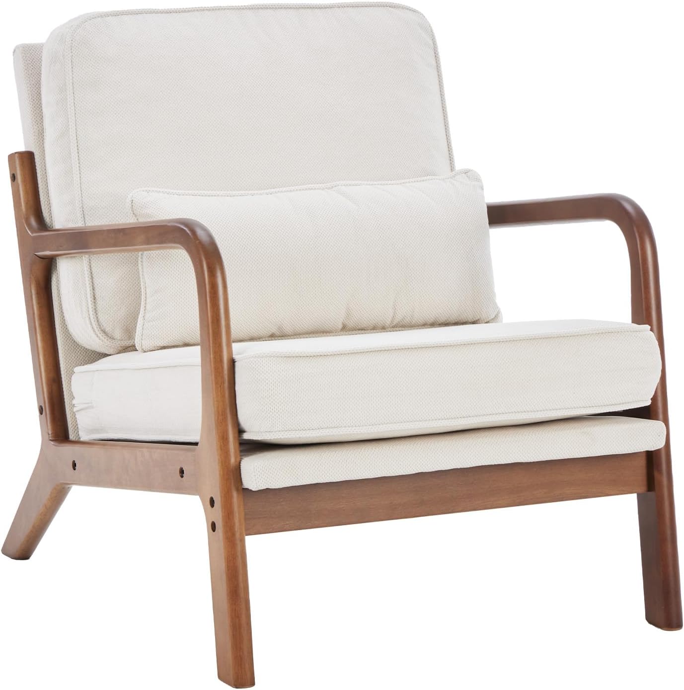 DUMOS Mid Century Modern Chair, Accent Chair with Arms and Waist Cushion, Reading Chairs for Adults, Lounge Chair for Living Room and Bedroom, Solid Wooden Frame, Cream