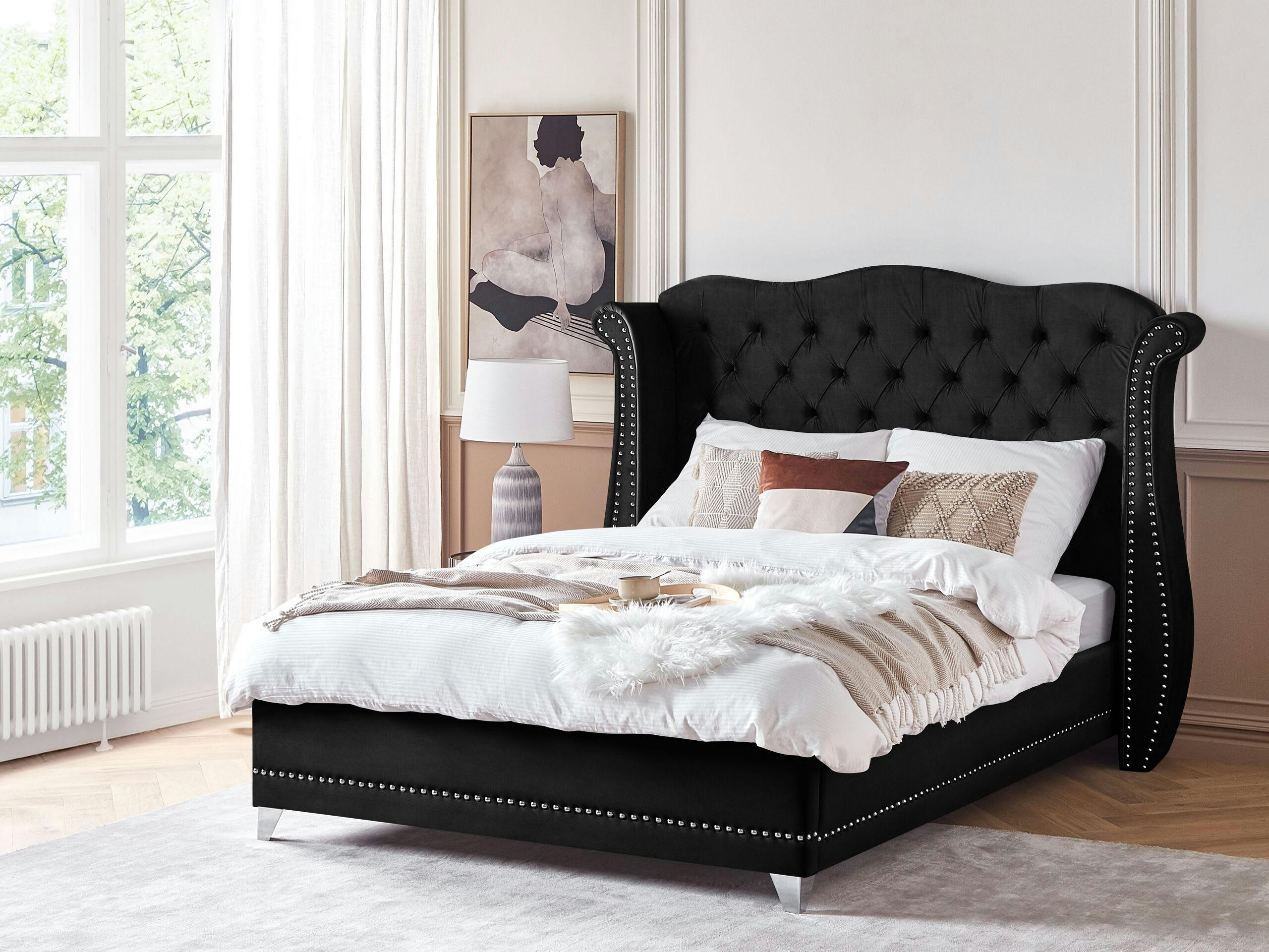 AYETTE - Lit double en tissu noir 160x200