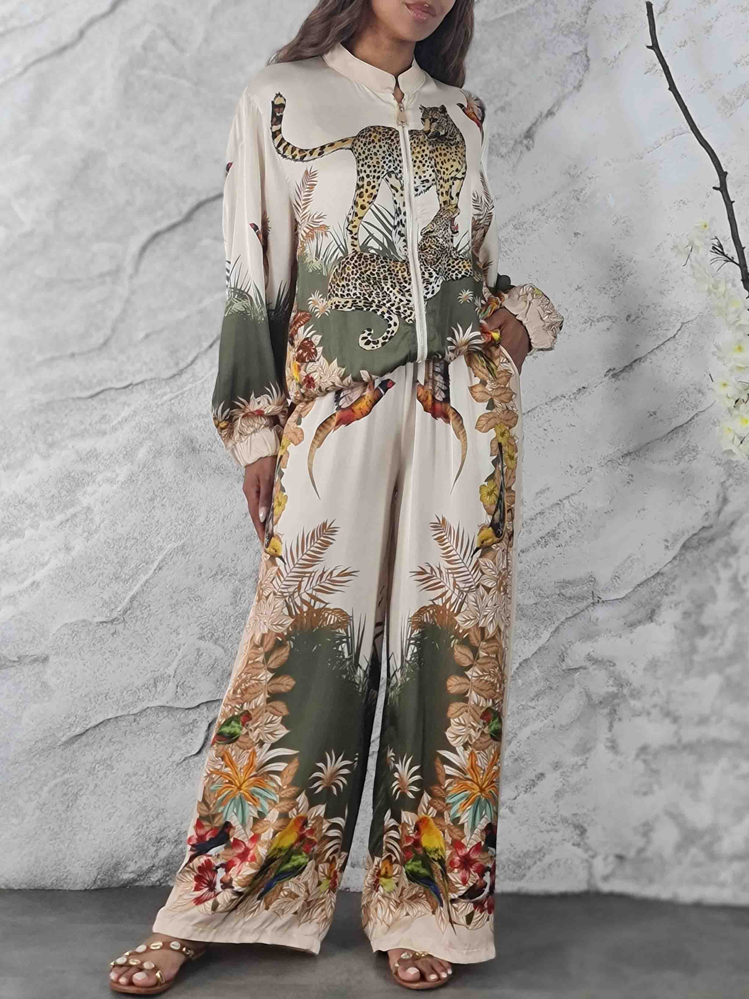 Exotic Jungle Print Zip-Up Shirt & Wide Leg Pants Set