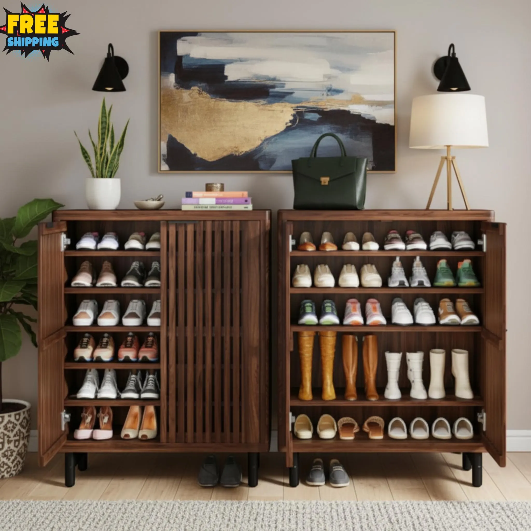 6-Tier Wooden Shoe Cabinet With Louvered Door For Entryway Storage
