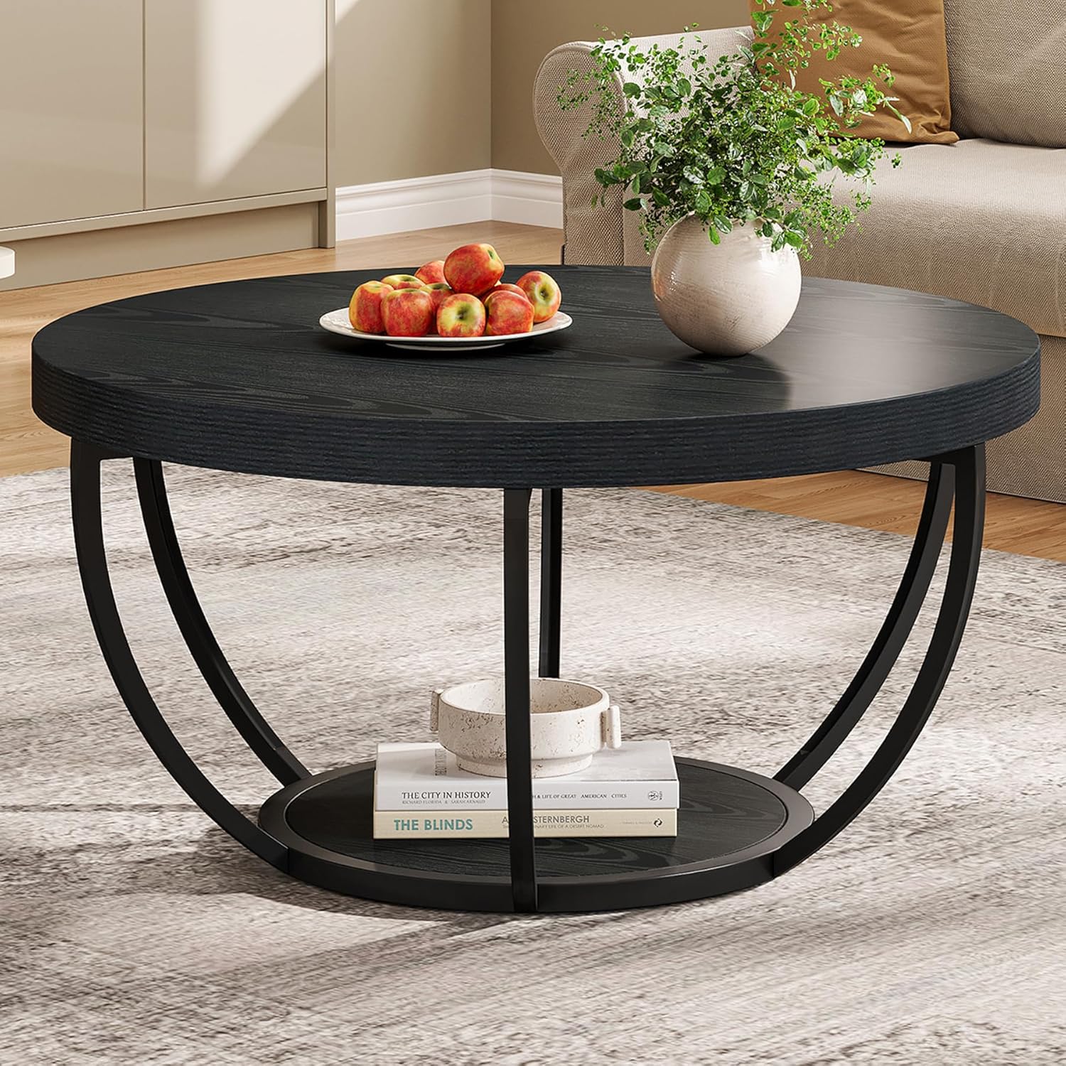 Tribesigns Black Round Coffee Table, 31.7 Modern 2-Tier Circle Coffee Table with Storage Shelves, Accent Cocktail Table Center Table for Living Room