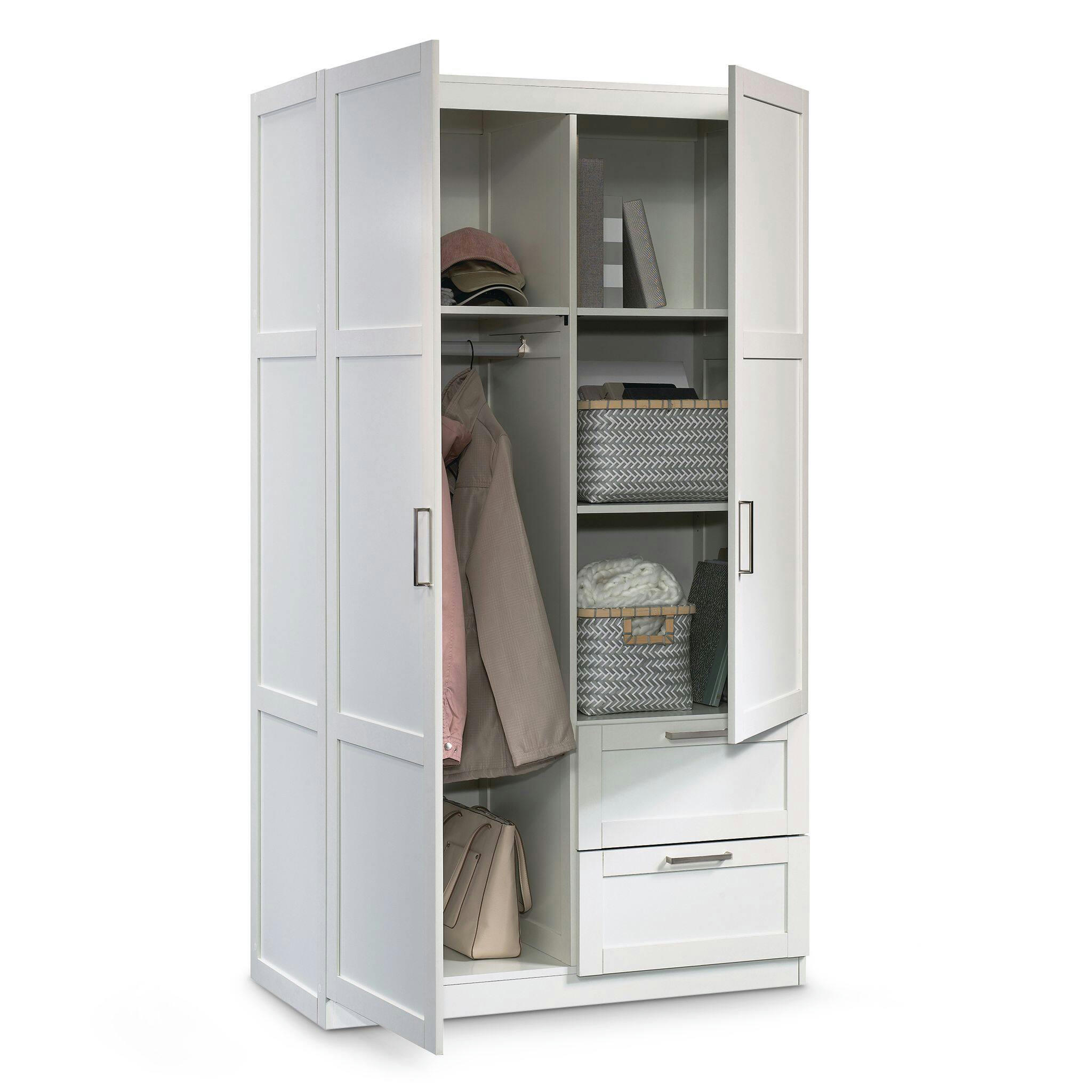 Sauder 2-Door 2-Drawer Wardrobe/Armoire Clothes Storage Cabinet With Hanger Rod, White