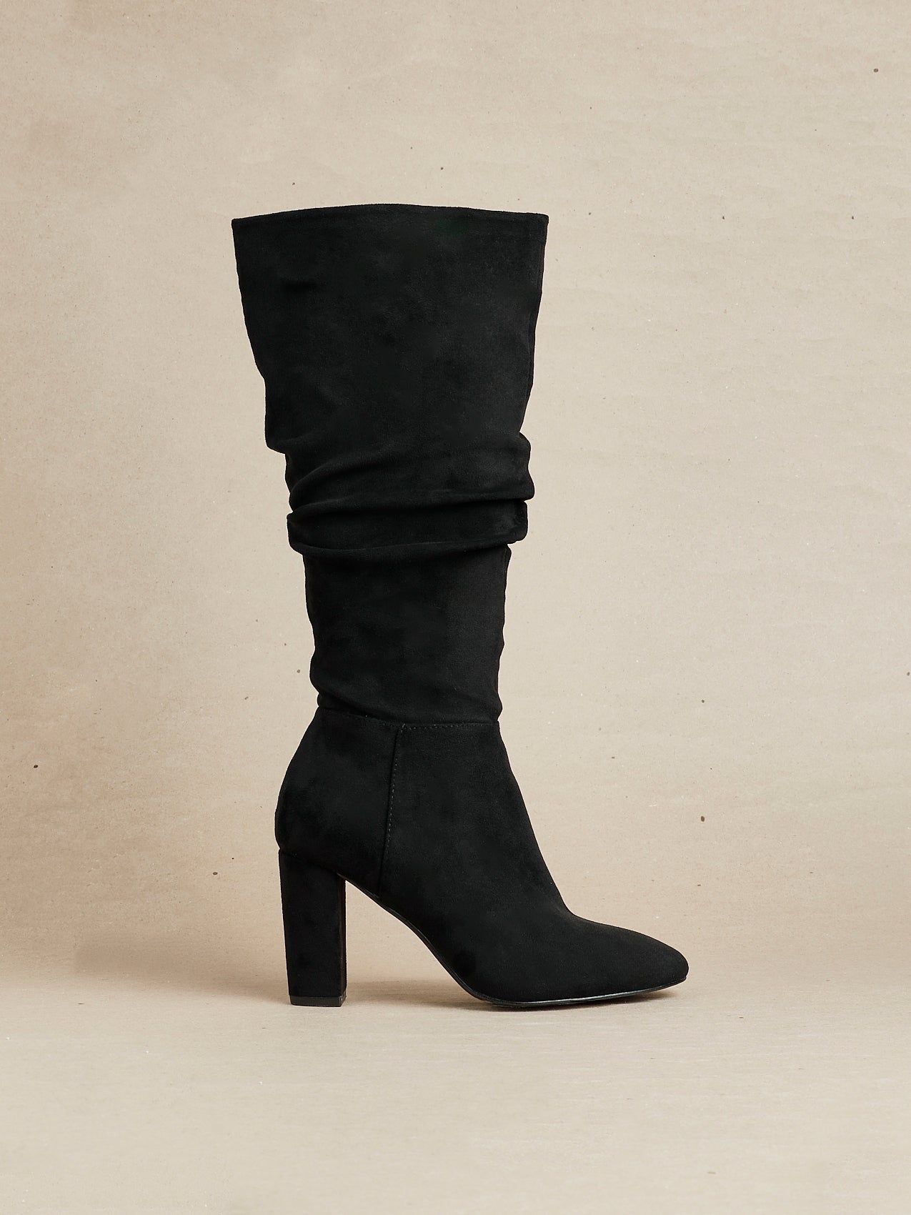 Linzi Aura Black Faux Suede Ruched Knee High Heeled Boot