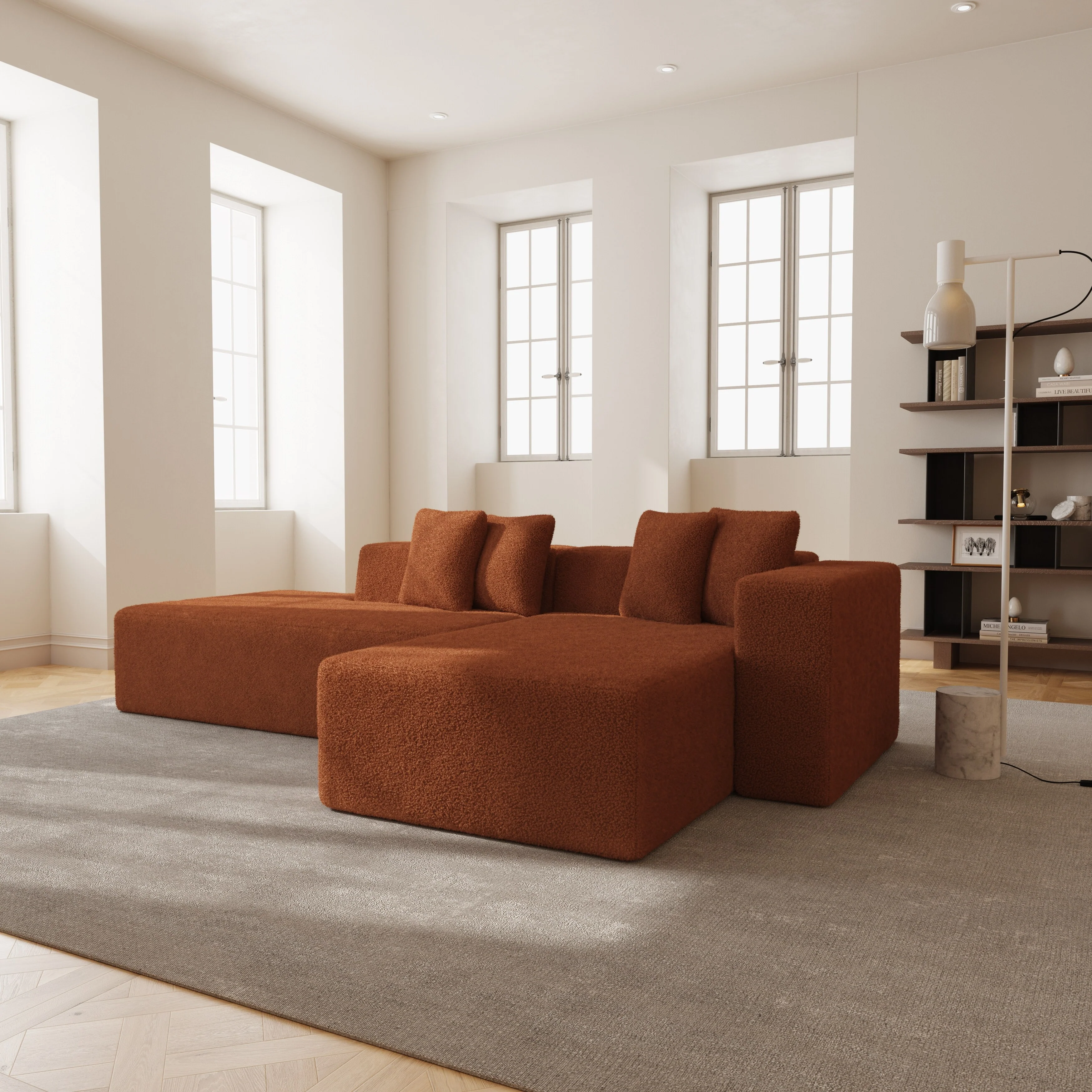 Orange 105.5 Lambswool Modular Floor Sectional Sofa with 4 Pillows