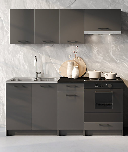 CUISINE COMPLETE LINA GRIS FONCE 1M80 NON MONTEE SANS ELECTROMENAGER AVEC PLAN DE TRAVAIL 6 MEUBLES