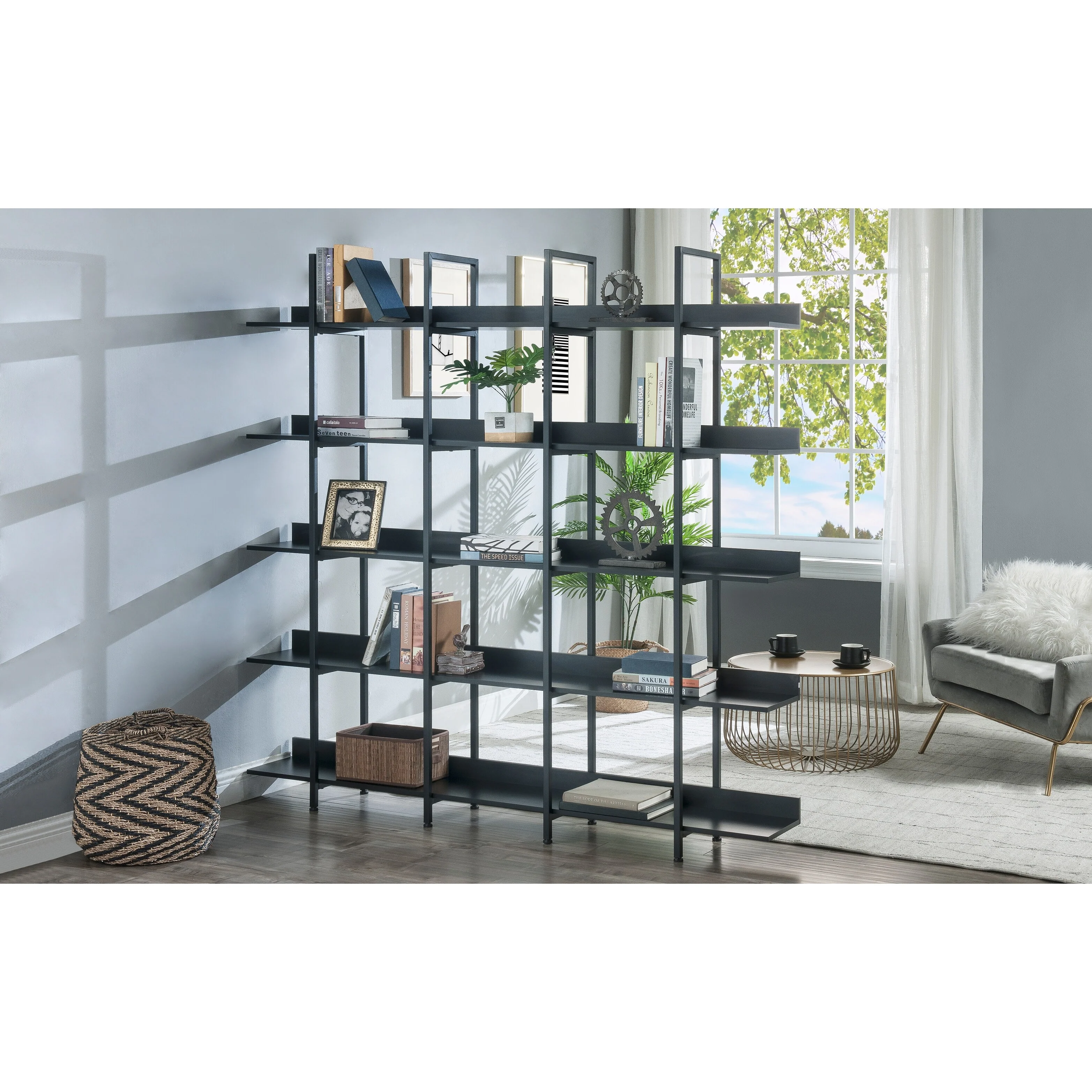 5 Tier Bookcase Home Office Open Bookshelf, Vintage Industrial Style Shelf with Metal Frame, MDF Board