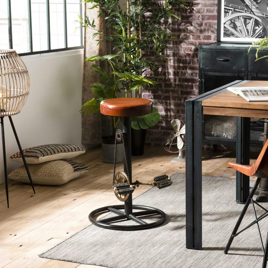 ROBIN - Tabouret de bar industriel cuir pieds métal noir déco pédales