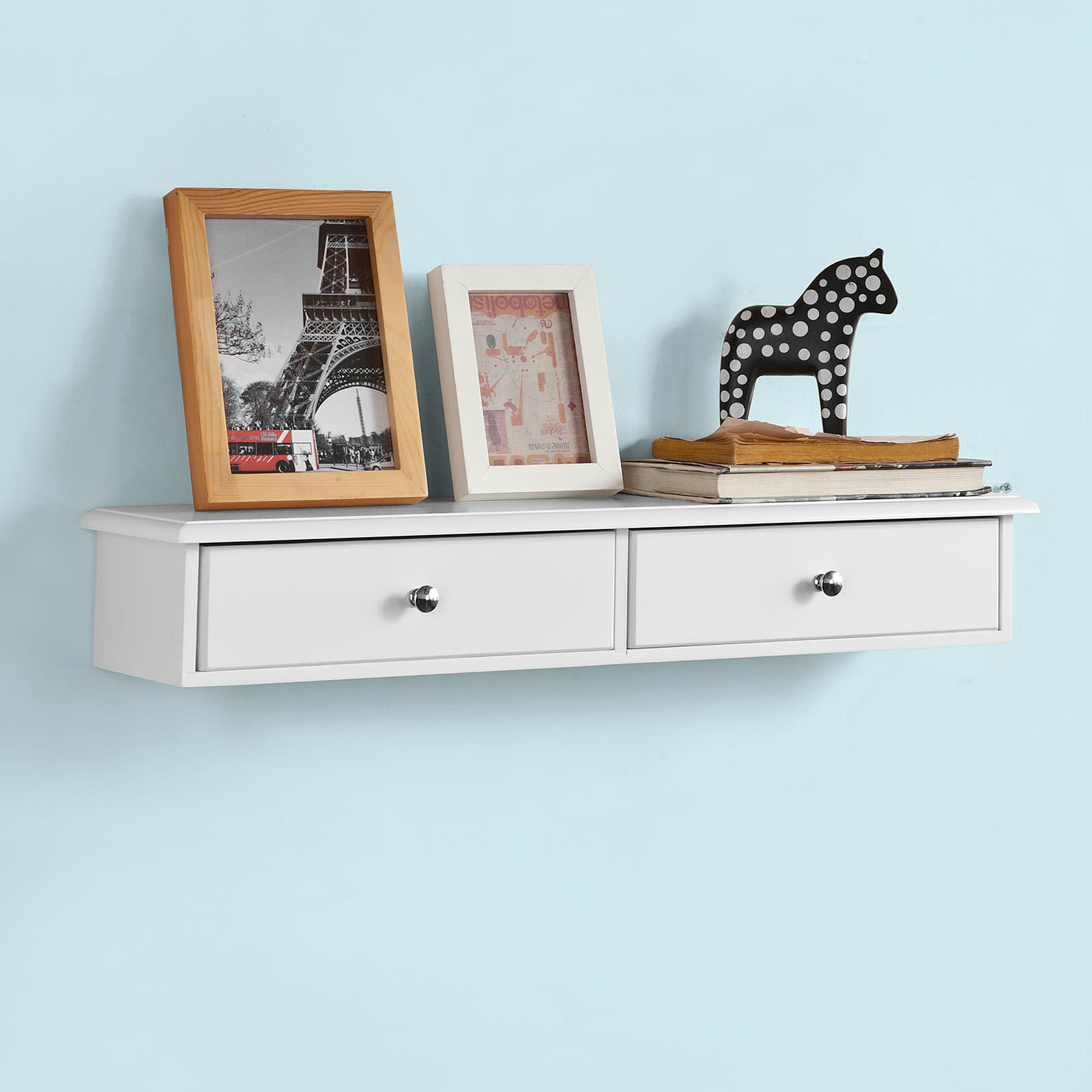 - Étagère murale effet bois blanc avec 2 tiroirs