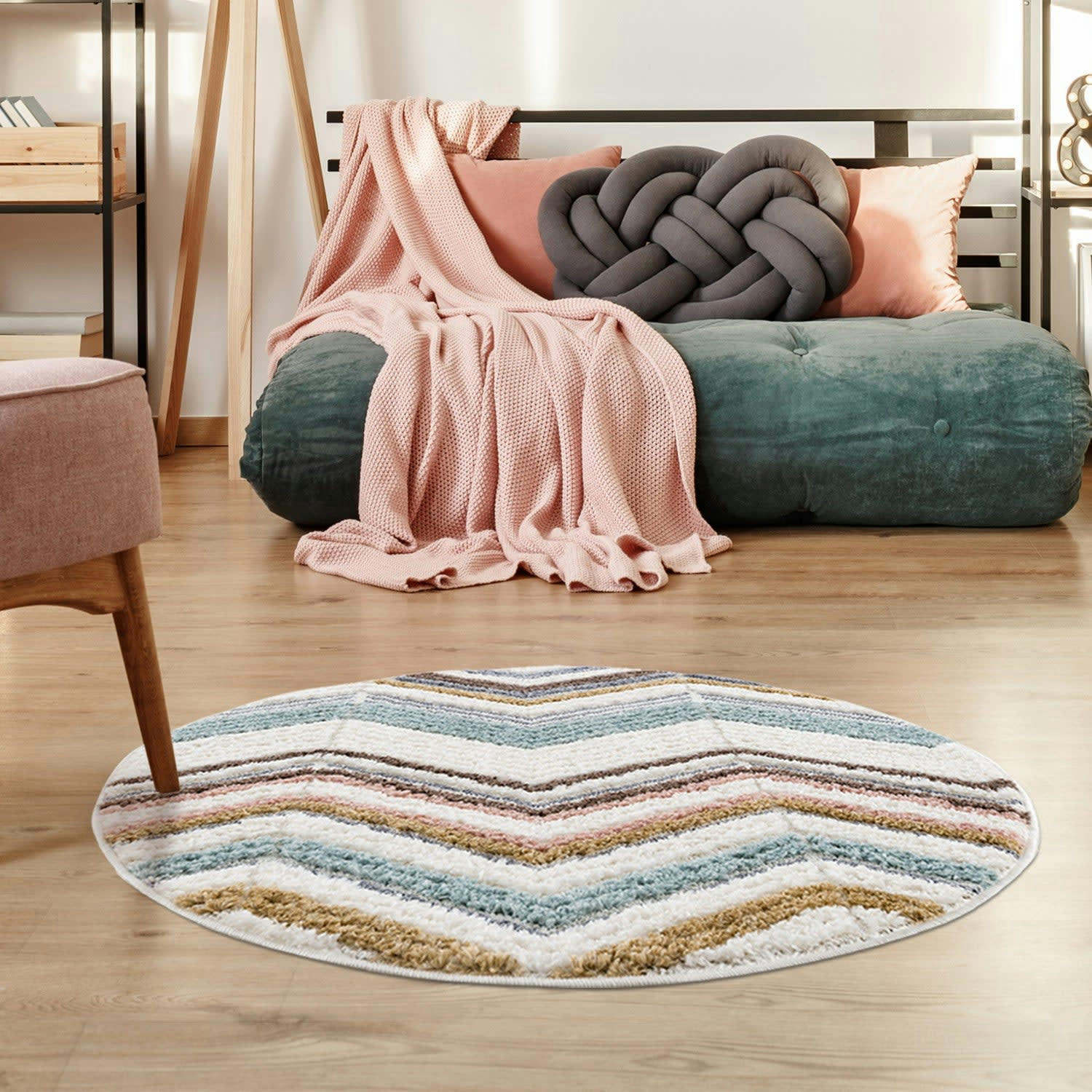 BÖHMEN - Tapis rond à poils longs et relief multicolore 120x120cm