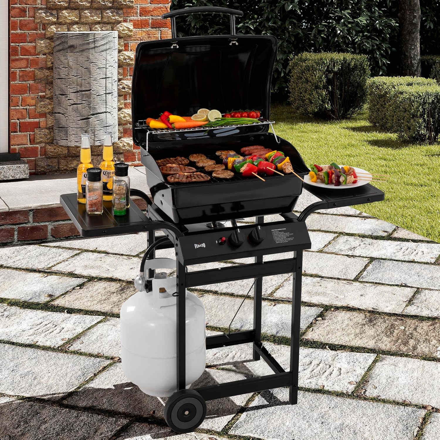 2 Burner Propane Gas Grill with 26 500 BTUs Output  Porcelain-Enamel Main Body and Lid  Propane BBQ Grill with Warming Rack & Side Tables for Patio  Backyard  Poolside Gatherings