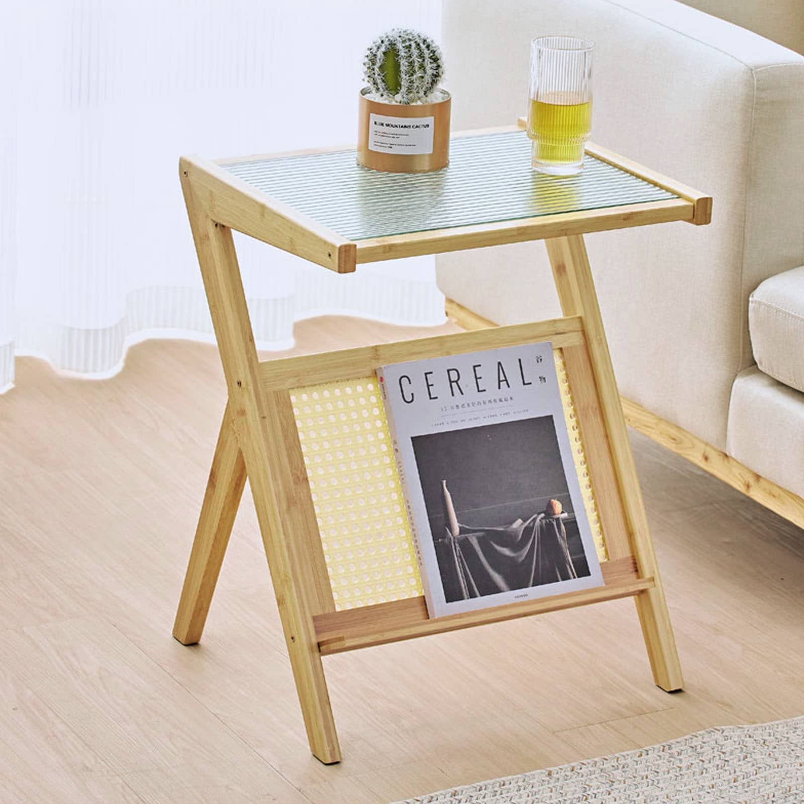 Bamboo Glass Top Side Table Accent End Table with Magazine Rack