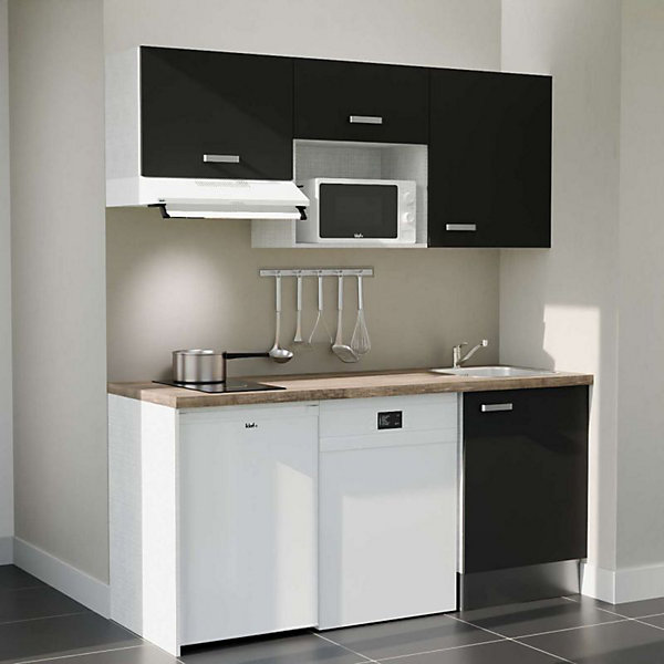 Kitchenette K55 - 180 cm - Façades : Noir - Plan de travail : Bois - Crédences : Non - Evier