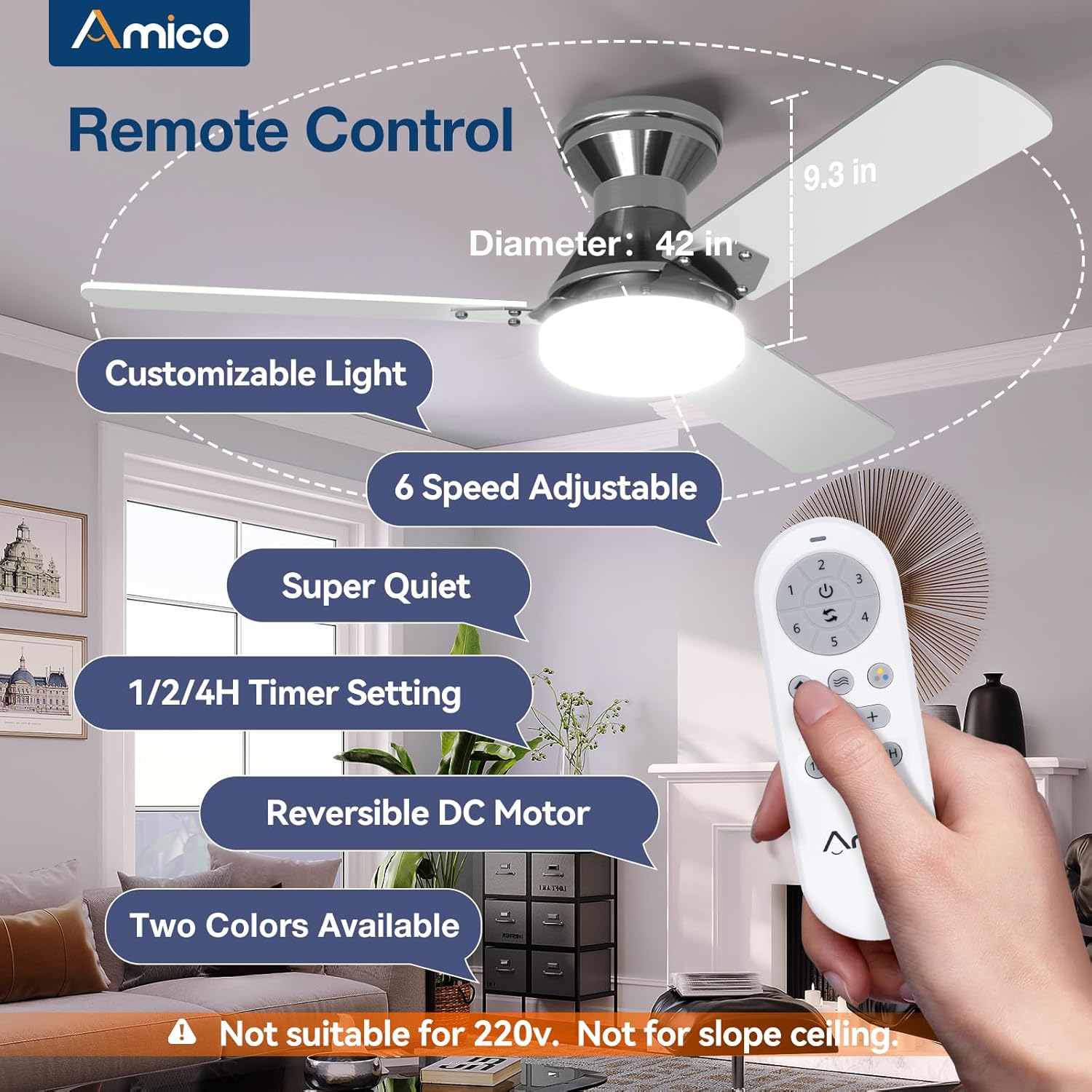 Amico 2 Pack Ceiling Fans with Lights, 42 inch Low Profile Ceiling fan with Light and Remote Control, Flush Mount, Reversible, 3CCT, Dimmable, Noiseless, Nickel Ceiling Fan for Bedroom, Indoor/Outdoor
