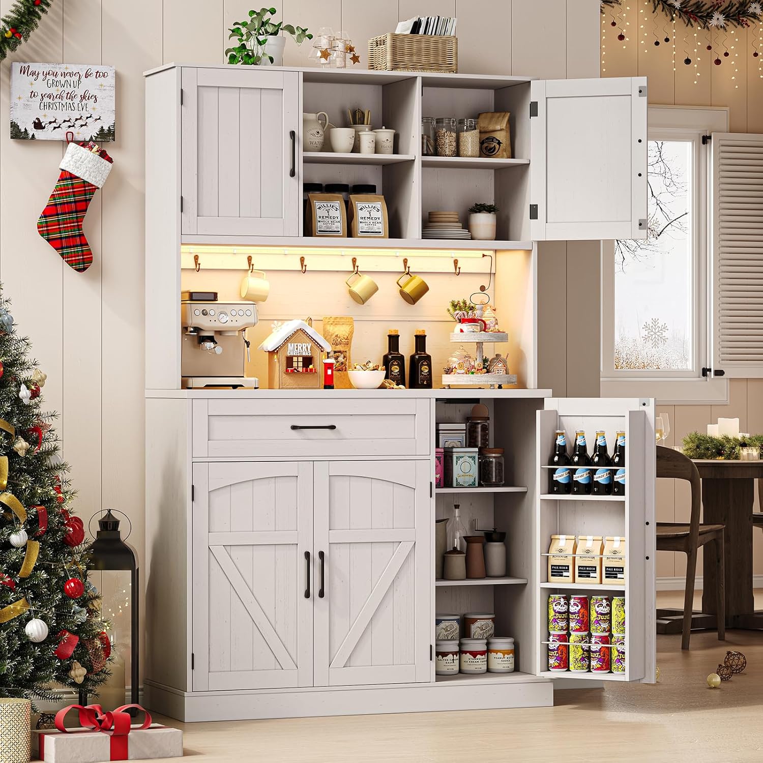 ONBRILL 71 Pantry Cabinet, Kitchen Pantry Storage Cabinet with LED Light & Outlet, Kitchen Hutch with Microwave Shelf & 6 Hooks, Door Shelves & Drawer & Adjustable Shelves, for Dining Room