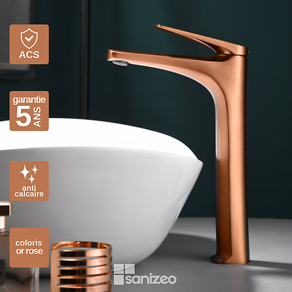 Mitigeur de Lavabo Bec Haut Anti-Calcaire Or Rose Cuivré IMEX DELOS BDD055-3ORC