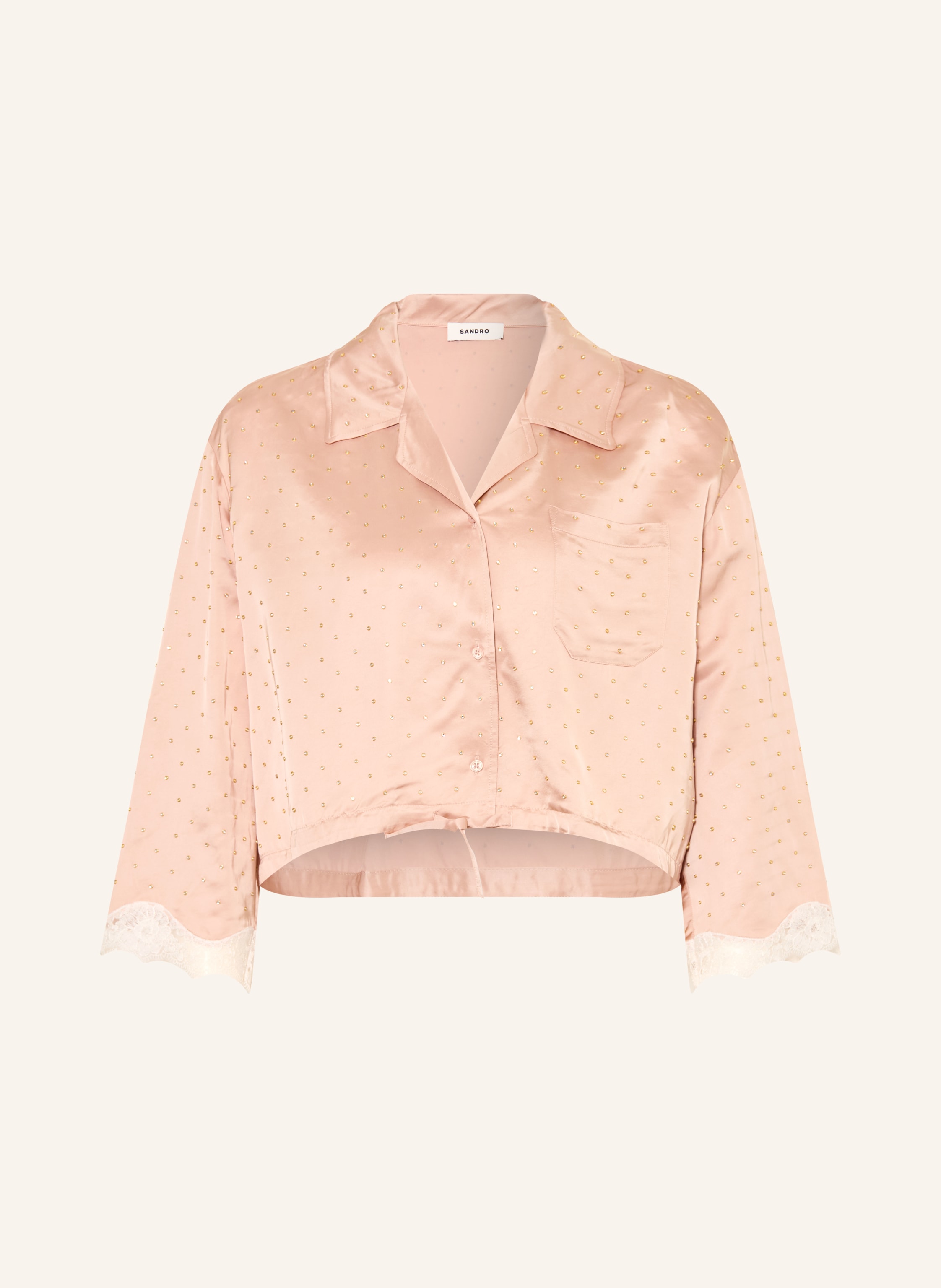 SANDRO Satinbluse mit Schmucksteinen und Spitze