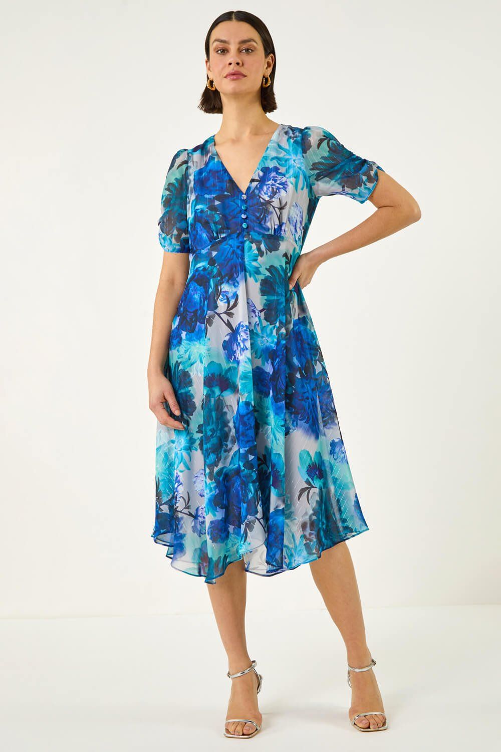 Roman Floral Print Chiffon Midi Dress