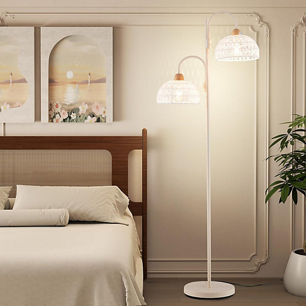 Lampadaire sur Pied Salon 155cm,Abat-Jour Tissés en Corde,en Métal avec Interrupteur au Pied,pour Chambre,Bureau,Blanc(Classe B)
