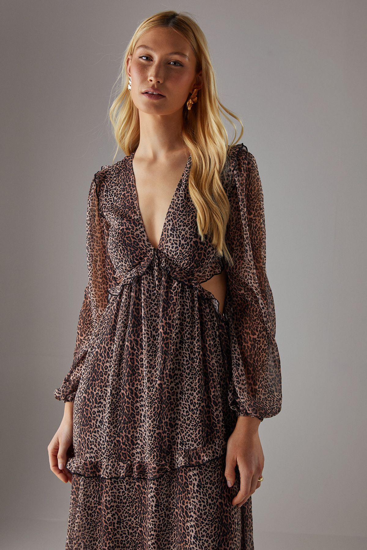 Warehouse Chiffon Cut Out Waist Ruffe Maxi Dress