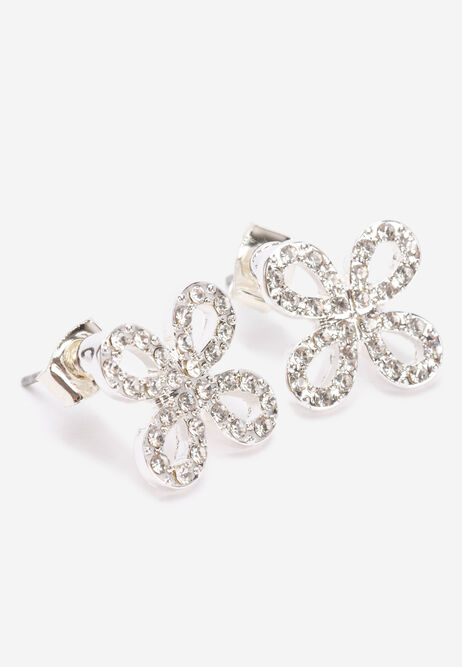Womens Silver Diamonte Petal Flower Stud Earrings