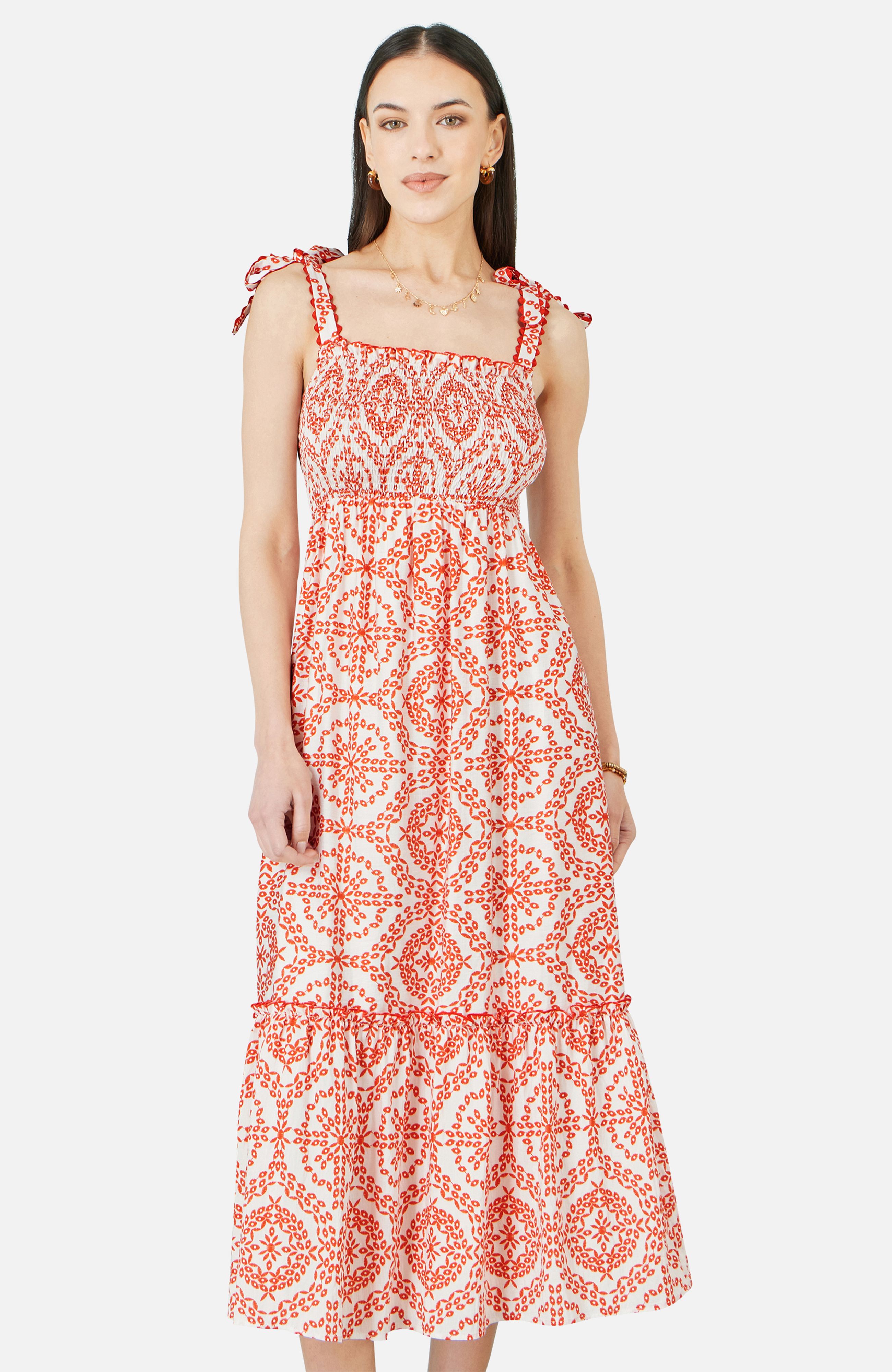 Yumi Red Viscose Ruched Tie Strap Midi Sun Dress