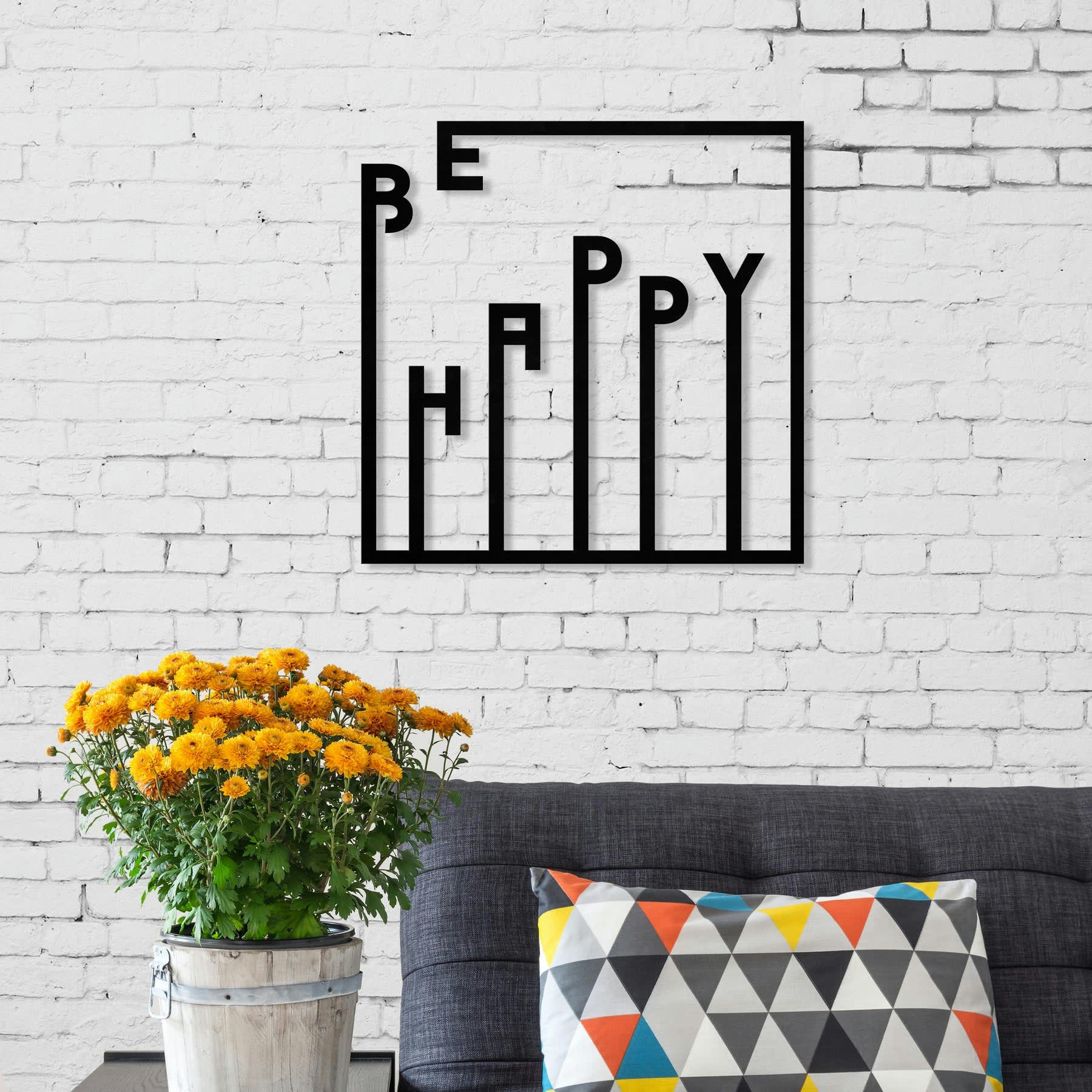 - Déco murale be happy en métal noir 40x40 cm