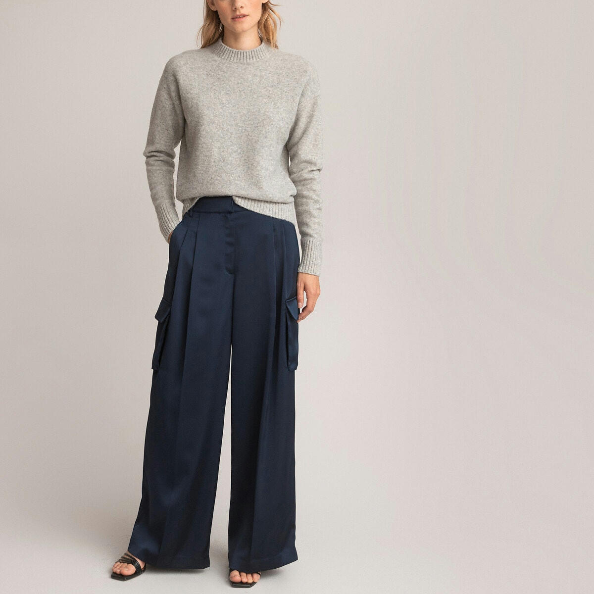 Pantalon large en satin, poches battle
