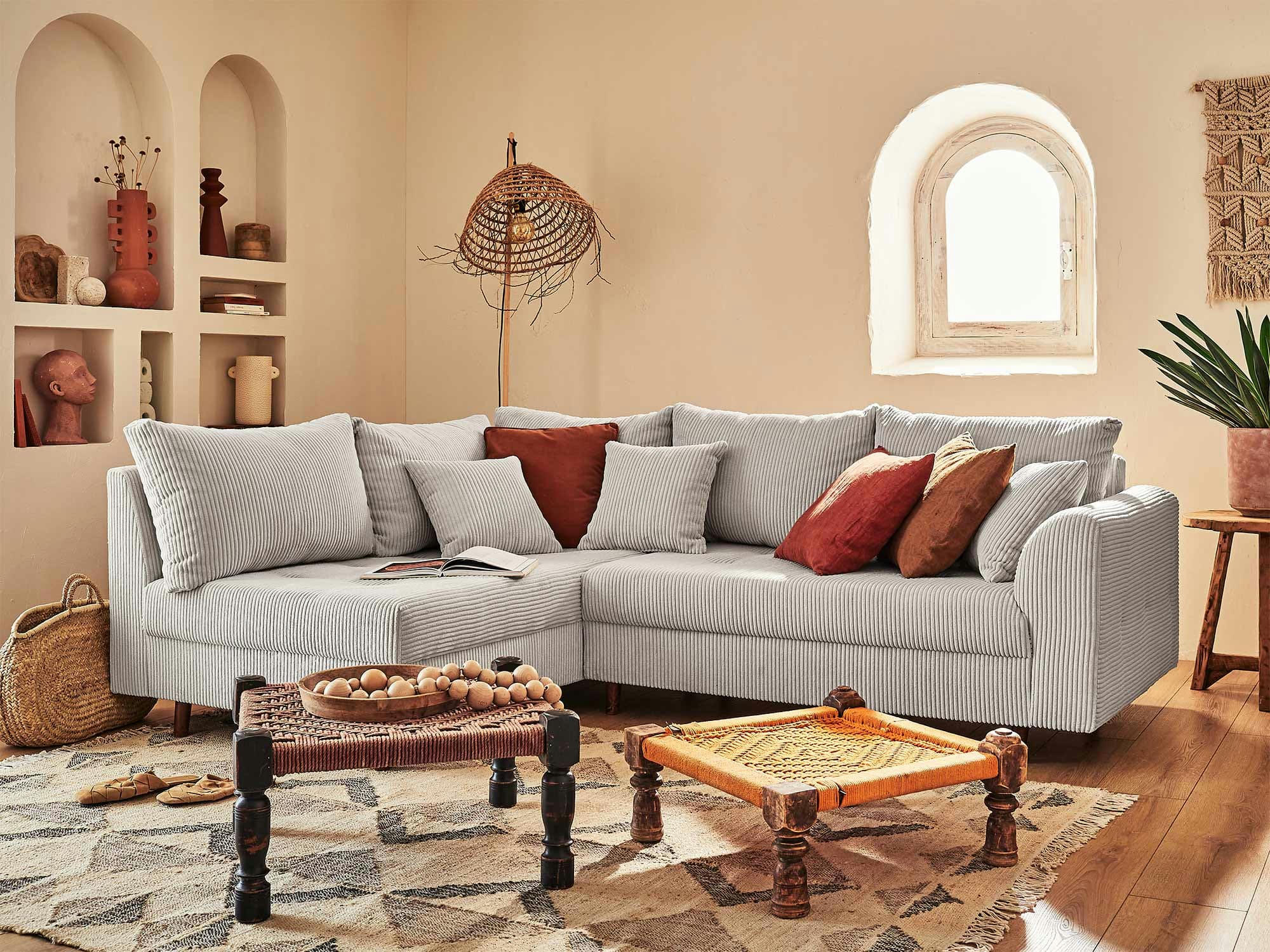 RUNE - Canapé d'angle gauche 4 places en velours côtelé gris clair