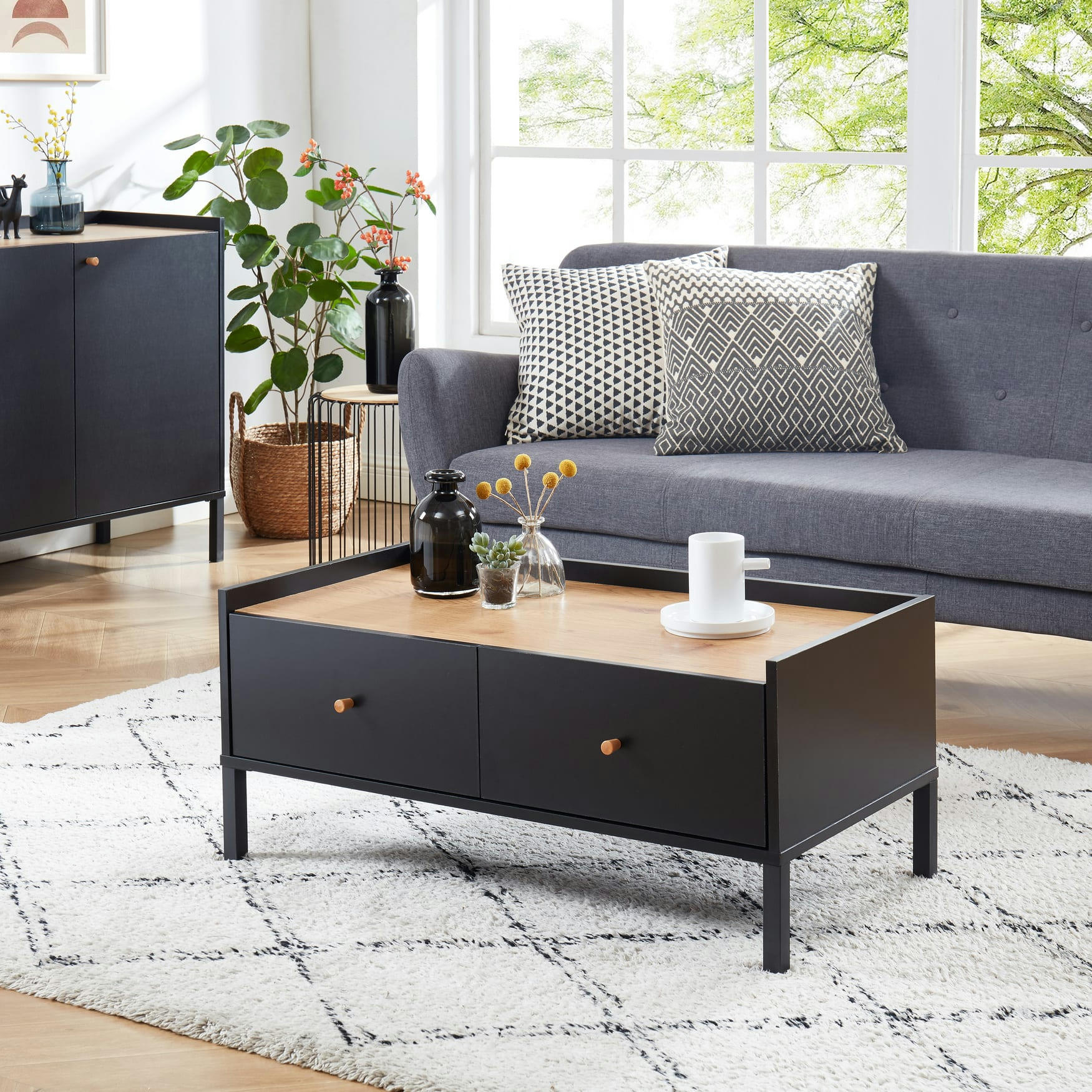 ARCHI - Table basse   noir et effet bois  90cm
