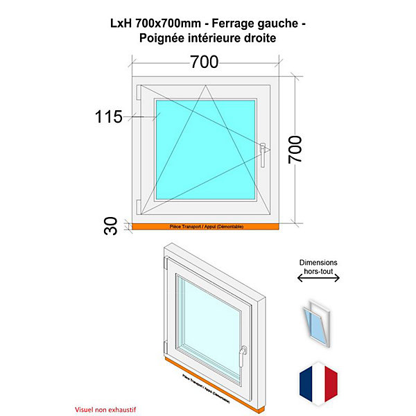 Fenêtre PVC - LxH 700x700 mm -Triple Vitrage - Blanc -poignée à droite