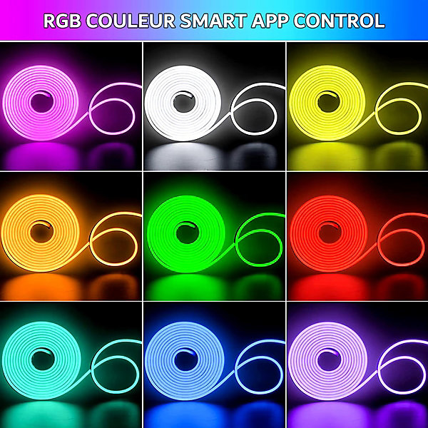 Kit de Néon flexible LED RGB 5m, DC 12V, APP/Télécommande, Plusieurs modes, IP65 étanche