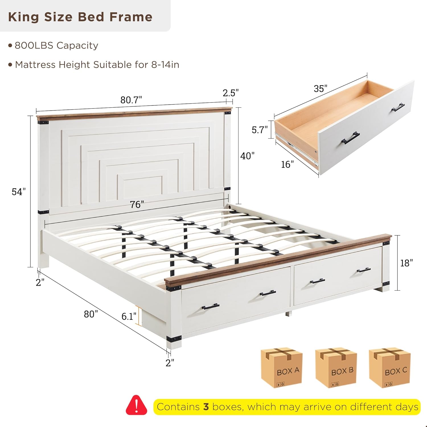 RedLemon Farmhouse King Size Wood Bed Frame with 54 Tall Geometric Headboard, 2 Large Storage Drawers, Solid Wood Slats Support, Noise Free, No Box Spring Needed, Antique White