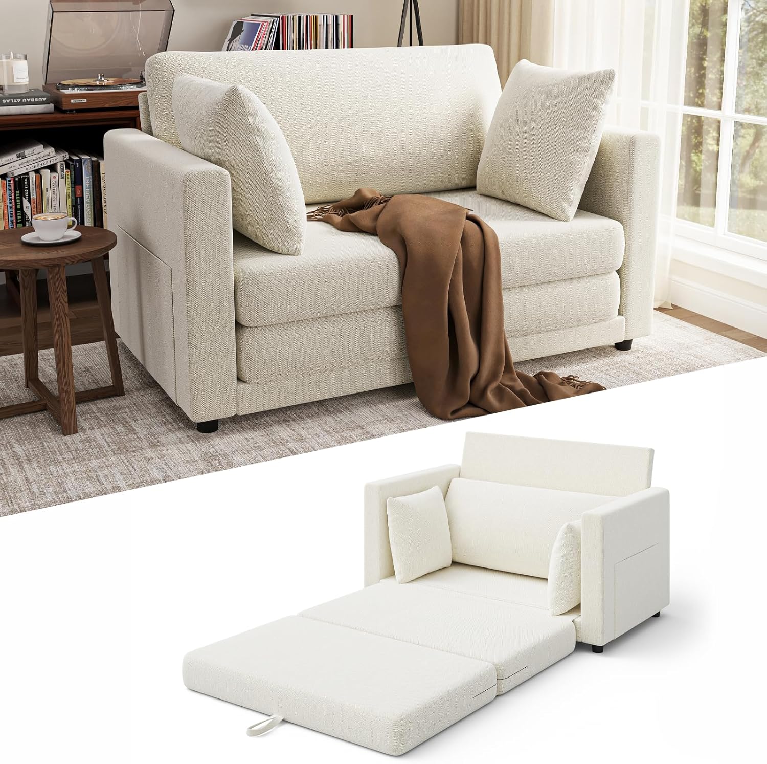 Convertible Sofa Bed, 2 in 1 Pull Out Loveseat Sleeper Sofa | 78.7” Folding Floor Sofa Bed for Guest Room, Bedroom | Ivory White