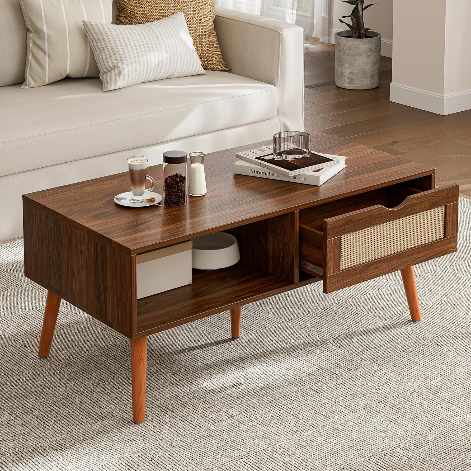 ZttRiee Coffee Table with Storage, Boho Dining Table with Rattan Drawer and Solid Wood Legs, Small Coffee Tables for Living Room, Walnut