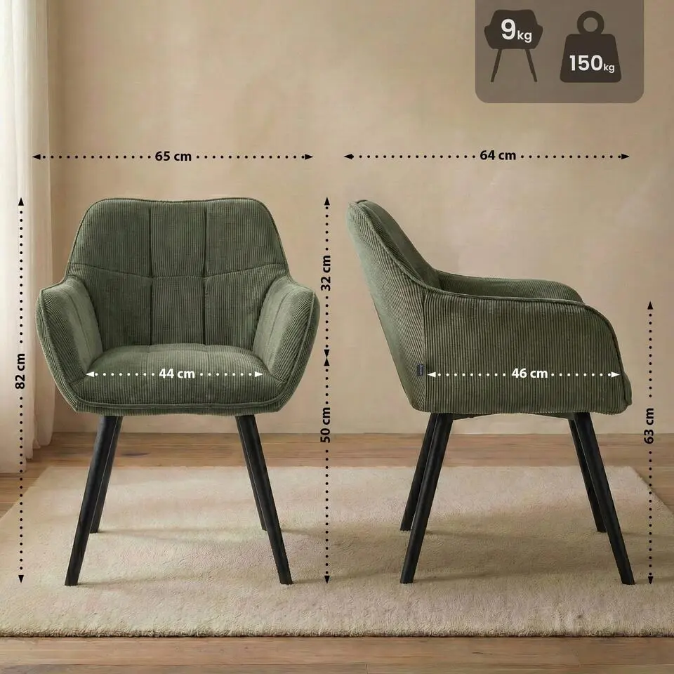 CLP Eetkamerstoel Vienna zwart Frame - Ribstof - groen