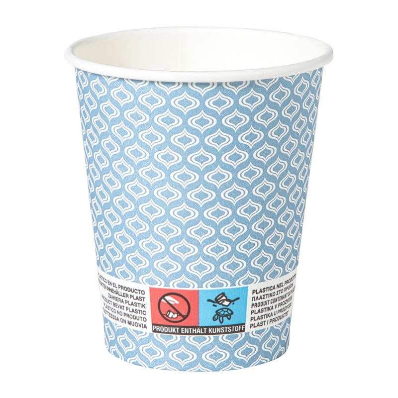 Papieren bekers met print - blauw/wit - &Oslash;9.1 cm
