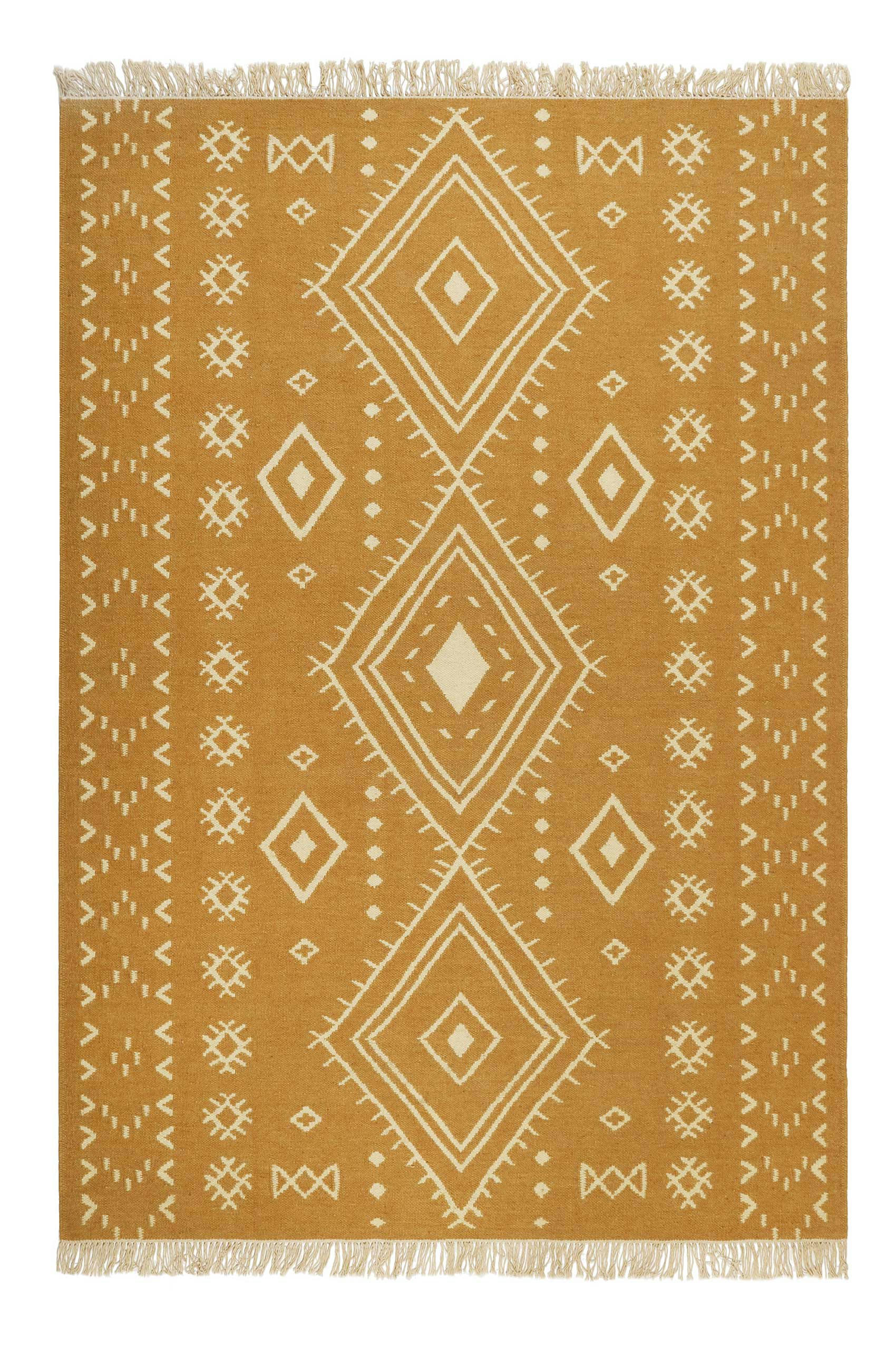 MONACO - Tapis ethnique tissé main laine et coton camel jaune 130x190