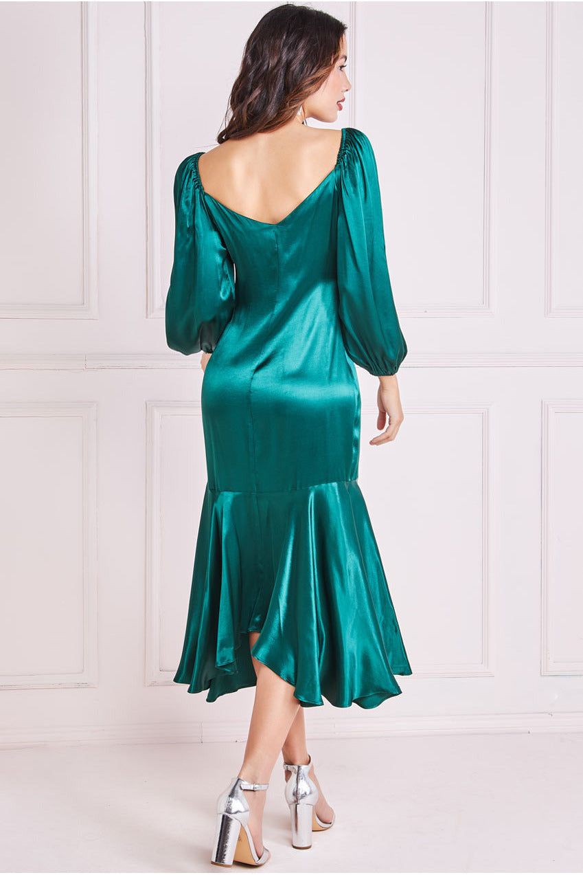 Goddiva Satin Viscose Front Buttoned Dipped Hem Midaxi Dress
