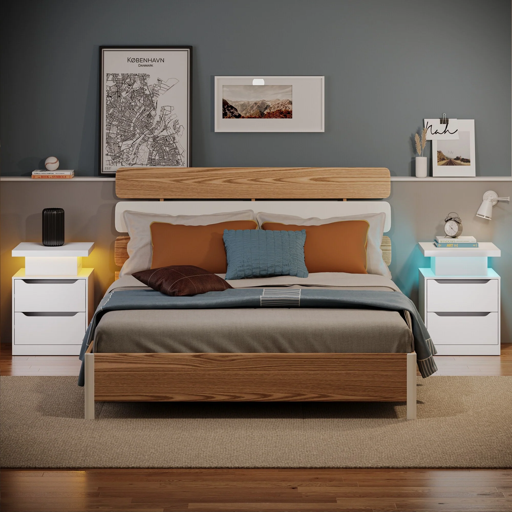 Modern Wood Nightstand with Charging Station, 2 Drawers, Bedside Table with LED Lights