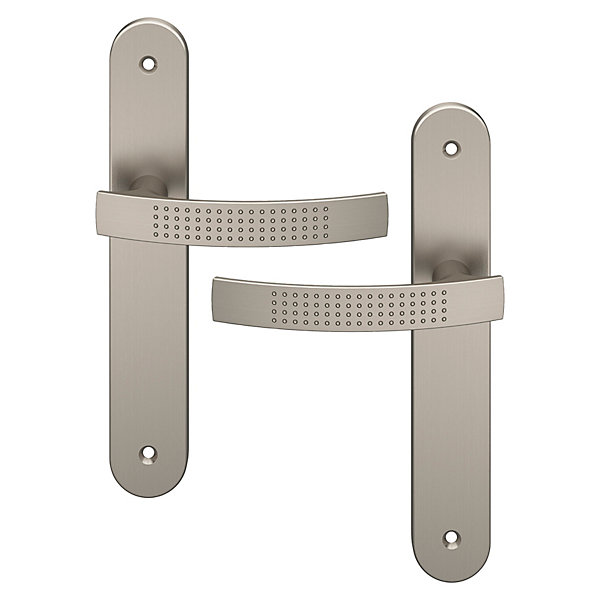Ensemble poignée sur plaque rond GoodHome Diss effet nickel satin gris L.139mm x l.40mm entraxe 195mm