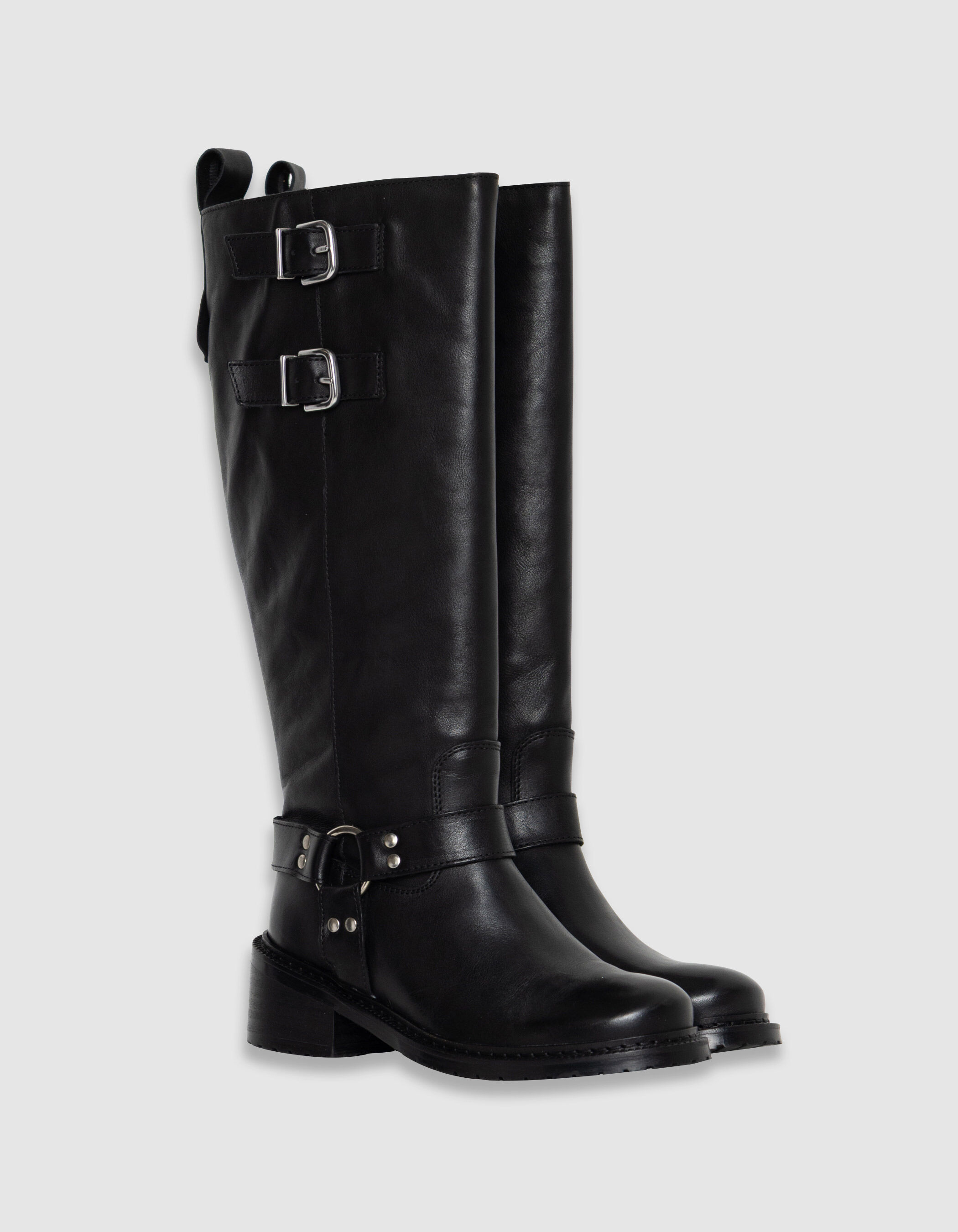 Bottes noires cuir esprit motard double boucle Femme
