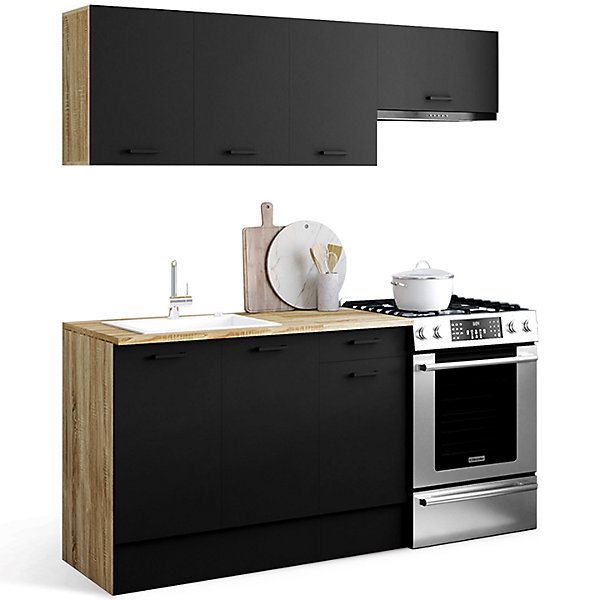 Cuisine complète 180 cm SUBTIL avec plan de travail 5 éléments bois et noir