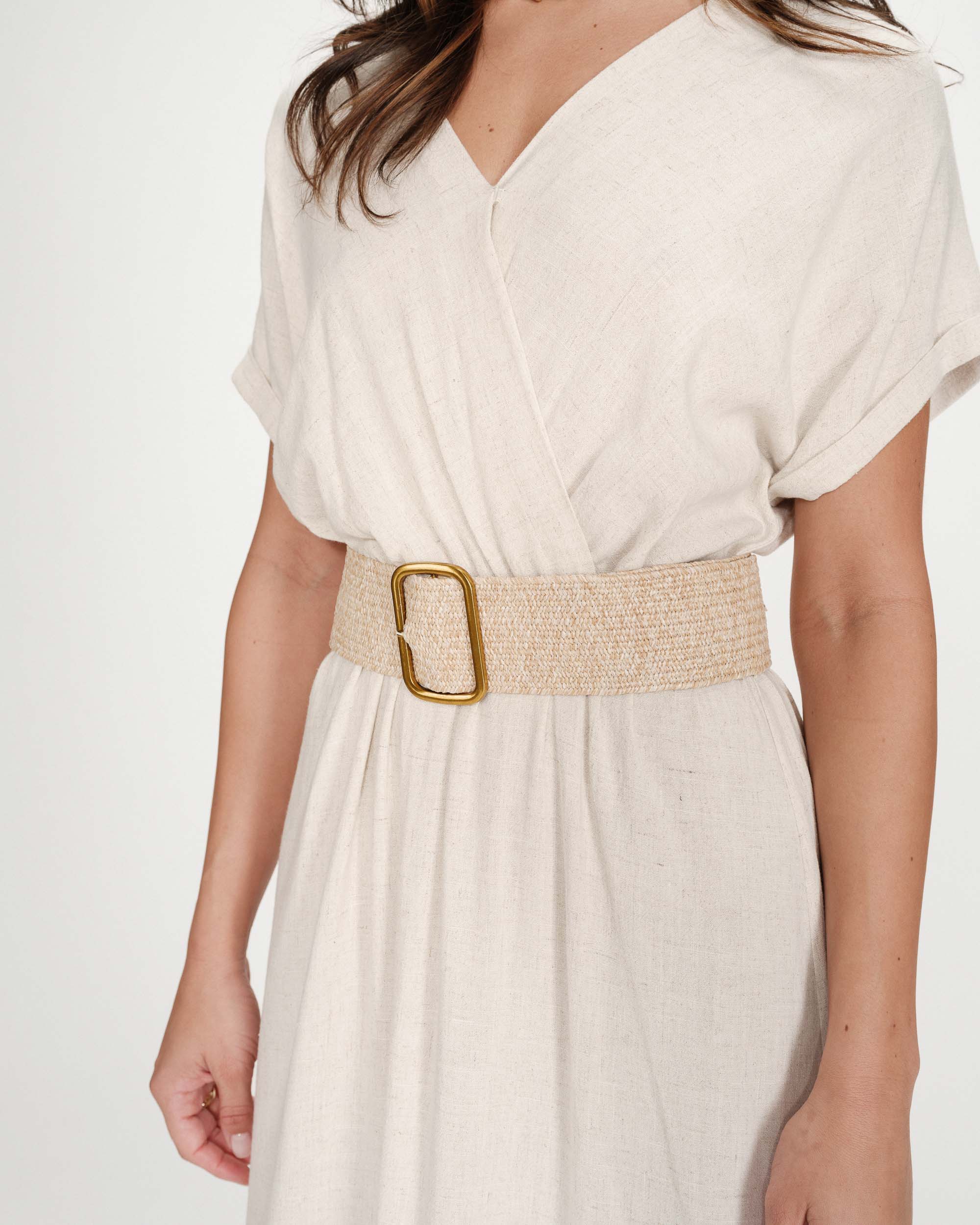Ceinture tissée boucle carrée dorée ecru Popcorn