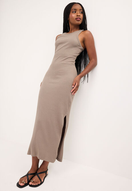 Womens Mink Ribbed Racer Back Midi Dress