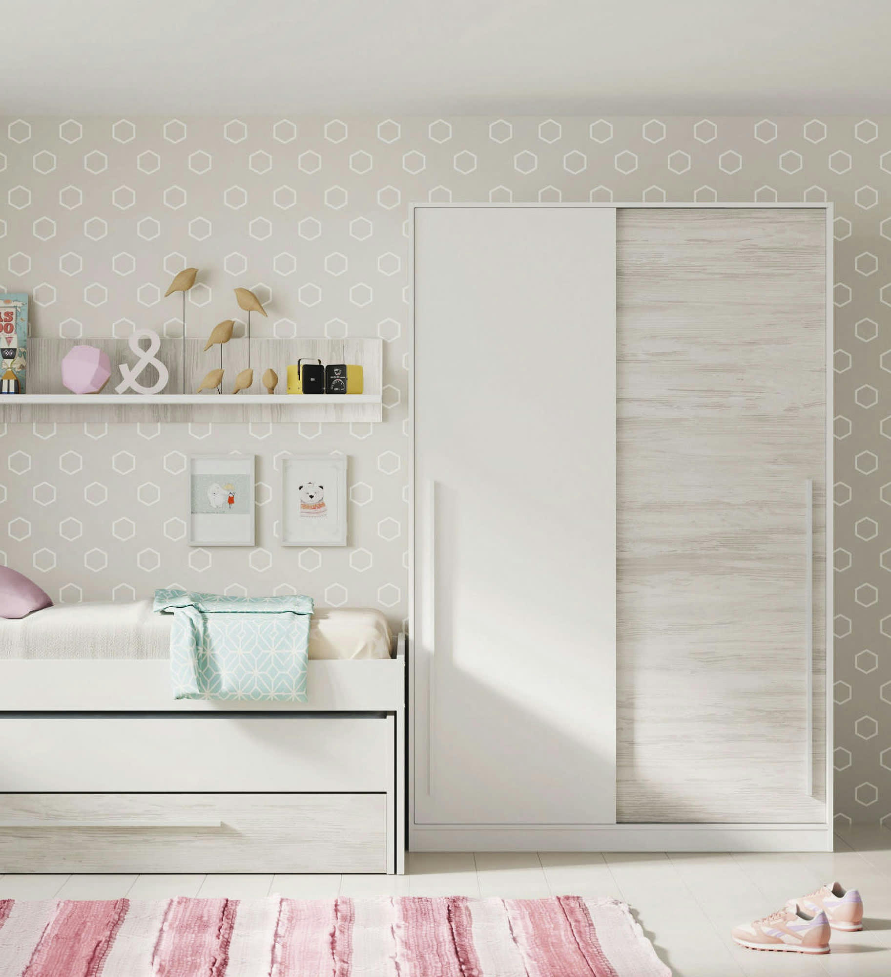 DOWNEY - Garde-robe à 2 portes coulissantes effet bois blanc antique
