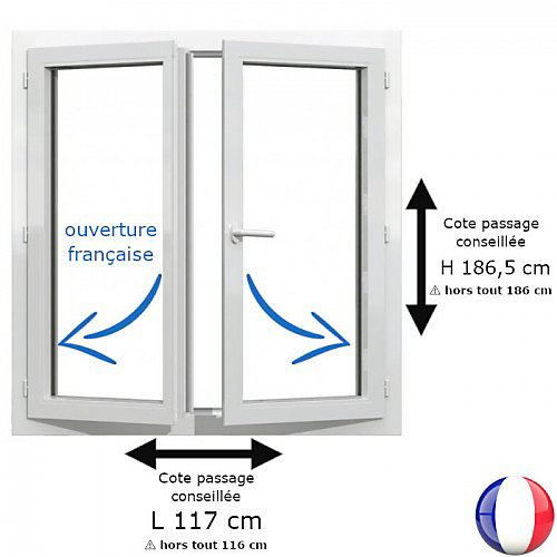 Fenêtre PVC blanc 2 vantaux hors tout H 186 x L 116 cm ouverture française pour pose rénovation