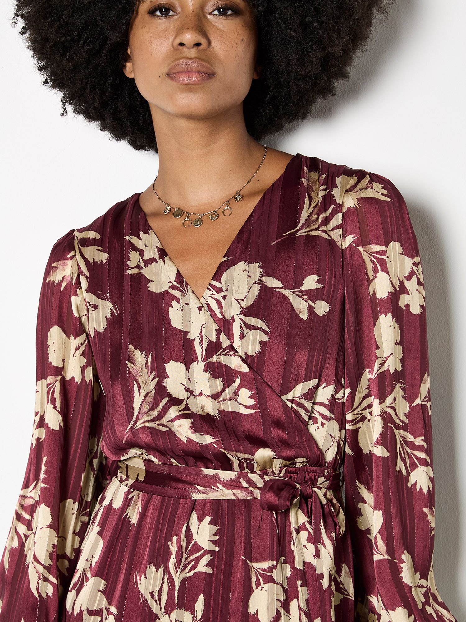 Apricot Satin Shimmer Floral Wrap Midaxi Dress